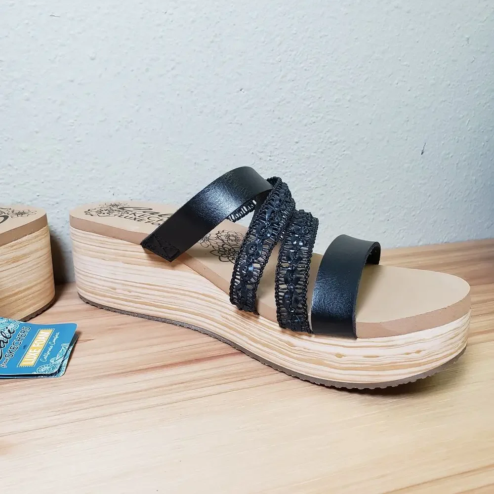Skechers Size 8.5 Summers Strappy Platform Slide Sandal Black Chunky Comfort NWT